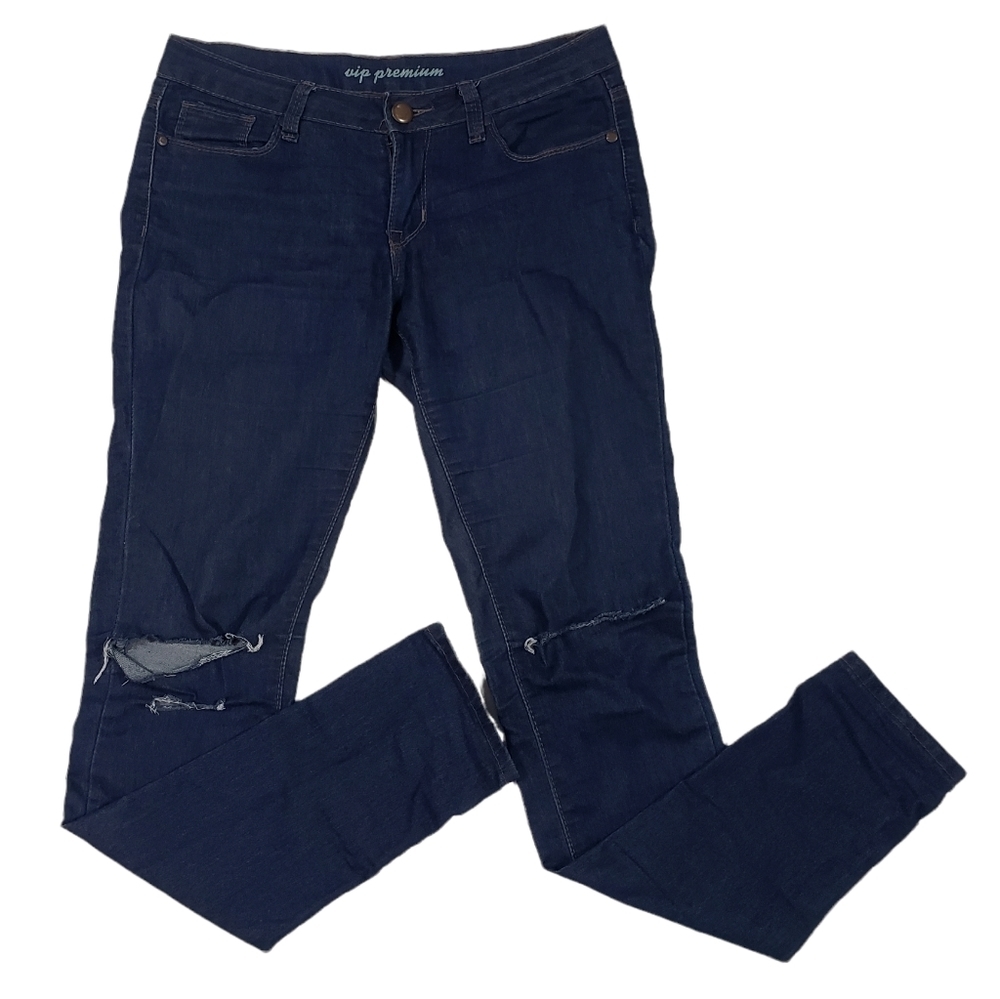 VIP Premium Dark Wash Chambray Skinny Jeans Juniors Sz 5/6 Denim Ripped Stretch
